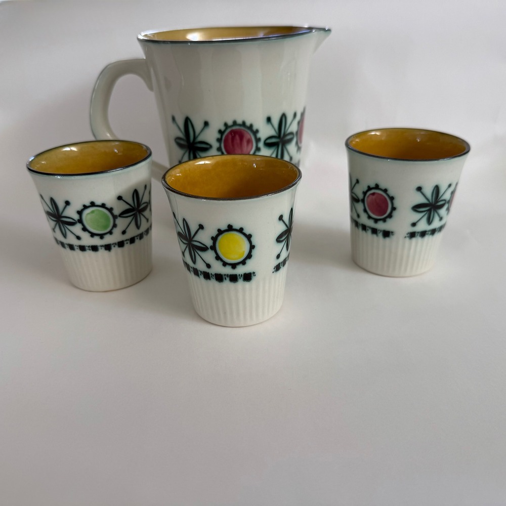 Rare Vtg 1950s Royal Goedewaagen Holland Pitcher 3 Cups Set Mid Century Floral‎